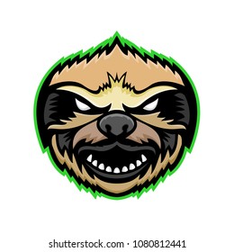 Mascot icon illustration of head of an angry Sloth, an arboreal mammal in the tropical rainforests of South America and Central America viewed from front on isolated background in retro style.