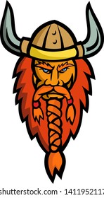 Mascot icon illustration of head of an angry Viking, Norseman or Norse seafarer viewed from   front on isolated background in retro style.