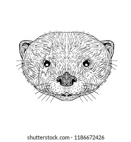 Mascot icon illustration of head of an Asian small clawed otter with lightning bolt tattooed on right eye viewed from front on isolated background in black and white retro style.