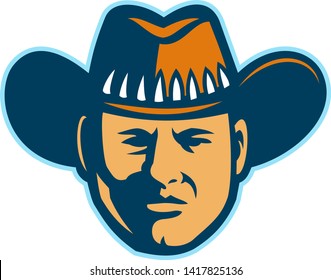 Mascot icon illustration of head of an Aussie or Australian stockman, cowboy, jackaroo or buckaroo wearing hat viewed from front on isolated background in retro style.