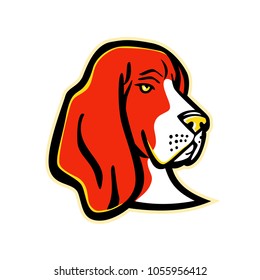Mascot icon illustration of head of a Basset Hound, a short-legged dog breed of the scent hound family used for hunting, viewed from front on isolated background in retro style.