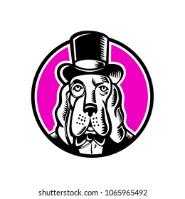 Mascot icon illustration of head of a basset hound wearing monocle glass and top hat, high hat, or topper viewed from front on isolated background in retro woodcut style.