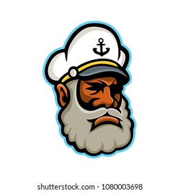 Mascot icon illustration of head of a black skipper or sea captain, ship's captain, captain, master or shipmaster, a mariner in command of merchant vessel on isolated background in retro style.