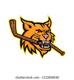 Mascot Icon Illustration Of Head Of A Bobcat, A North American Cat, Biting A Broken Ice Hockey Stick Viewed From Side On Isolated Background In Retro Style.