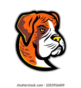 Mascot icon illustration of head of a Boxer dog, German Boxer or Deutscher Boxer,  a medium-sized, short-haired breed of dog viewed from front on isolated background in retro style.