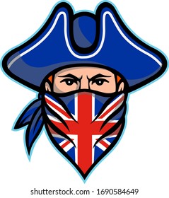 Mascot icon illustration of head of a British highwayman, a robber, bandit or outlaw who stole from travellers wearing a Union Jack bandana viewed from front on isolated background in retro style.