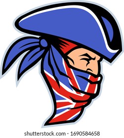 Mascot icon illustration of head of a British highwayman, a robber, bandit or outlaw who stole from travellers wearing a Union Jack bandanna viewed from side on isolated background in retro style.