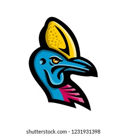 Mascot icon illustration of head of a Cassowary, genus Casuarius, ratites a flightless bird native to New Guinea and Australia viewed from side on isolated background in retro style.