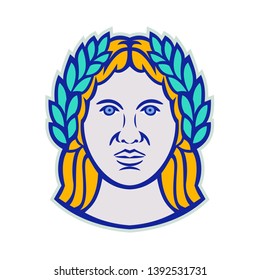 Mascot icon illustration of head of Ceres, a Roman agricultural deity with Demeter as Greek god equivalent wearing a laurel crown viewed from front on isolated background in retro style.