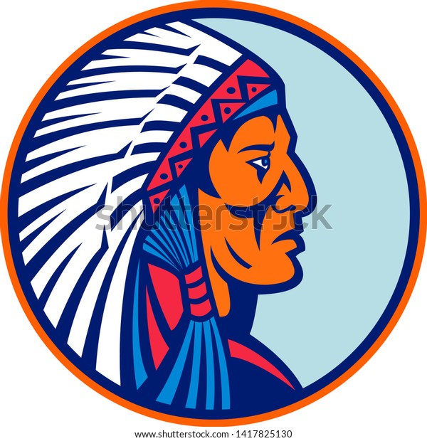 Mascot icon illustration of head of a Cheyenne\
brave, chief or warrior, one of the indigenous people of the Great\
Plains of North America wearing a warbonnet or headdress side view\
in retro style.