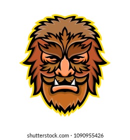 Mascot icon illustration of head of a circus wolfman or wolfboy, a circus freak or curiosity viewed from front on isolated background in retro style.