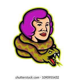 Mascot icon illustration of head of a circus freak snake lady or snake charmer with python, a circus performer or entertainer viewed from side on isolated background in retro style.