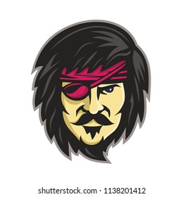 Mascot icon illustration of head of a corsair, pirate or privateer with long hair , moustache and beard wearing an eye patch viewed from front on isolated background in retro style.