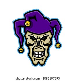 Mascot icon illustration of head of a court jester, joker, fool,story-teller or minstrel skull viewed from front on isolated background in retro style.