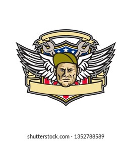 Mascot icon illustration of head of a crew chief or aircraft mechanic with crossed wrench and air force army wings with American stars and stripes flag in shield on isolated background in retro style.