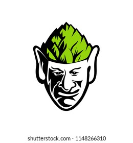 Mascot icon illustration of head of an elf, human-shaped supernatural being, wearing a hops hat viewed from front on isolated background in retro style.