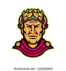 Mascot Icon Illustration Of Head Of Gaius Julius Caesar, A Roman Politician, Military General And Emperor Of The Roman Empire Viewed From Front On Isolated Background In Retro Style.