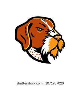 Mascot icon illustration of head of a German Wirehaired Pointer, a medium to large-sized griffon type breed of dog viewed from side on isolated background in retro style.