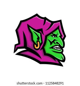 Mascot icon illustration of head of a goblin, a monstrous creature from European folklore, that is small, grotesque, mischievous , malicious and greedy on isolated background in retro style.