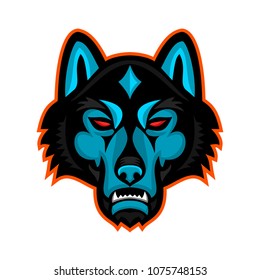 Mascot icon illustration of head of a gray wolf also known as the timber wolf or western wolf, viewed from front on isolated background in retro style.