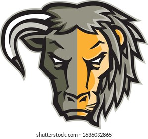 Mascot icon illustration of head of a half bull half lion viewed from front on isolated background in retro style.