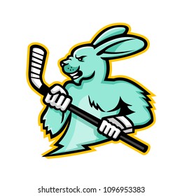 Mascot icon illustration of head of a hare, jackrabbit or rabbit ice hockey player holding an ice hockey stick viewed from side on isolated background in retro style.