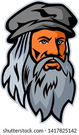 Mascot icon illustration of head of Leonardo di ser Piero da Vinci, more commonly Leonardo da Vinci, an Italian polymath of the Renaissance viewed from front on isolated background in retro style.