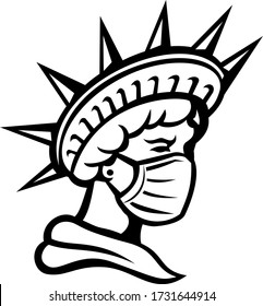 Mascot Icon Illustration Of Head Of Liberty Or Libertas, The Iconic American Symbol Of Justice And Freedom Wearing Surgical Mask To Protect Health From Pandemic Done In Black And White In Retro Style.