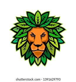 Mascot icon illustration of head of a lion with leaves as mane viewed from front on isolated background in retro style.