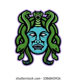 Mascot icon illustration of head of Medusa, in Greek mythology, a monster, a Gorgon, described as a winged human female with living venomous snakes in place of hair viewed from front in retro style.