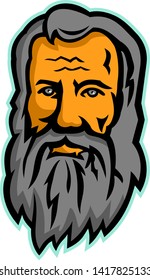 Mascot icon illustration of head of Michelangelo di Lodovico Buonarroti Simoni or simply Michelangelo, an Italian sculptor, painter, architect and poet of the Renaissance front view in retro style.