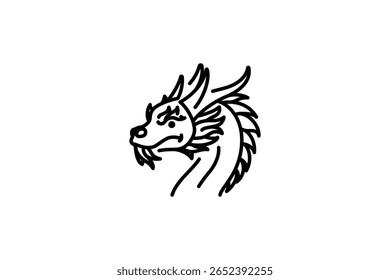 Ícone mascote ilustração da cabeça de um dragão mítico visto de lado em fundo isolado em estilo retro divertido feito em preto e branco.
