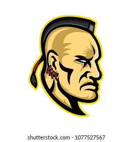 Mascot icon illustration of head of Native American mohawk warrior or brave viewed from side on isolated background in retro style.