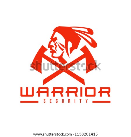 Mascot icon illustration of head of a Native American Indian warrior with feathers and crossed tomahawk or hatchet and text "Warrior Security" viewed from side on isolated background in retro style.