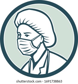 Mascot Icon Illustration Of Head A Nurse, Medical Professional, Doctor, Healthcare Or Essential Worker Wearing A PPE, Protective Personal Equipment Surgical Mask On Isolated Background In Retro Style.