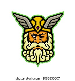 Mascot icon illustration of head of  Odin, also called Wodan, Woden, or Wotan, one of the principal gods in Norse mythology viewed from front on isolated background in retro style.