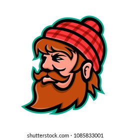 Mascot icon illustration of head of Paul Bunyan, a giant lumberjack in American folklore viewed from side on isolated background in retro style.