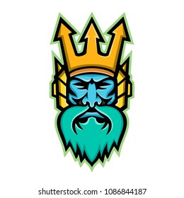 Mascot icon illustration of head of Poseidon, god of the Sea in Greek religion and myth, wearing a trident crown viewed from front on isolated background in retro style.