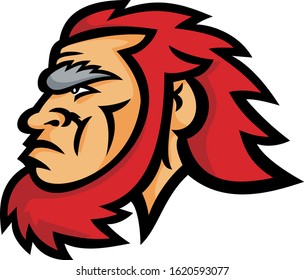 Mascot icon illustration of head of a primitive caveman, Cro-Magnon or Neanderthal, an extinct species of archaic humans   viewed from side on isolated background in retro style. svg