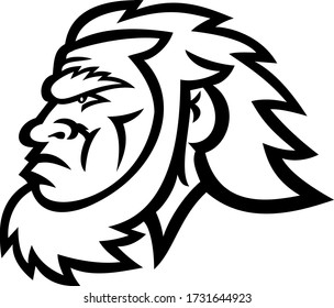 Mascot icon illustration of head of a primitive caveman, Cro-Magnon or neanderthal, an extinct species of archaic humans viewed from side in Black and White retro style. svg