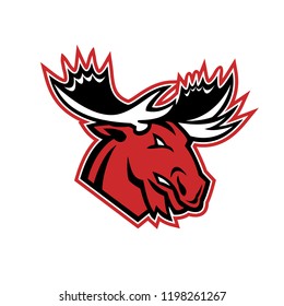 Mascot icon illustration of head of a red angry moose or elk looking to side on isolated background in retro style.