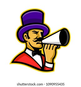 Mascot icon illustration of head of a ringmaster or ringleader, a master of ceremonies that introduces the circus acts,  holding a bullhorn viewed from side on isolated background in retro style.