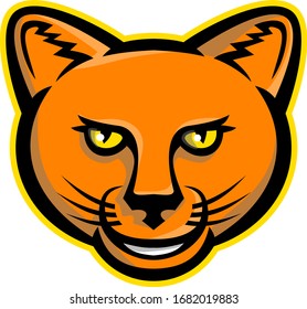 Mascot icon illustration of head of a smiling puma, cougar, panther or mountain lion viewed from front on isolated background in retro style.