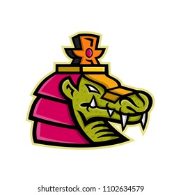 Mascot icon illustration of head of Sobek, Sebek, Sochet, Sobk or Sobki, an ancient Egyptian deity depicted as a human with a Nile or West African crocodile head on isolated background in retro style.