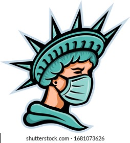 Mascot Icon Illustration Of Head Of Statue Of Liberty, The Iconic American Symbol Of Justice And Freedom Wearing A Surgical Mask To Protect Health From Pandemic On Isolated Background In Retro Style.