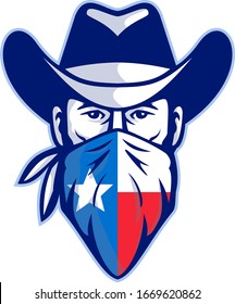 Icono de mascota del jefe de bandido texano, forajido o hombre de alto rango con sombrero de vaquero y bandana, pañuelo o bandana con la bandera de Texas Estrella en frente aislada en estilo retro.