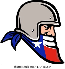 Mascot Icon Illustration Of Head Of A Texan Bandit, Outlaw Biker Wearing Bandana Or Bandanna And Motorbike Helmet With Texas Lone Star Flag Viewed From Side On Isolated Background In Retro Style.