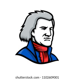 Mascot icon illustration of head of Thomas Jefferson, an American Founding Father and the third President of the United States  viewed from side on isolated background in retro style.