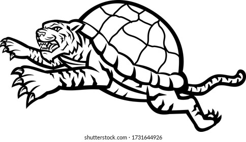 Mascot icon illustration of head of a Turtle Tiger, a tiger that is half turtle with shell leaping jumping  viewed from side on isolated background in Black and White retro style.