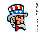 Mascot icon illustration of head of Uncle Sam, a popular symbol of the US government in American culture and patriotism, wearing a top hat with USA flag viewed from side done in retro style.